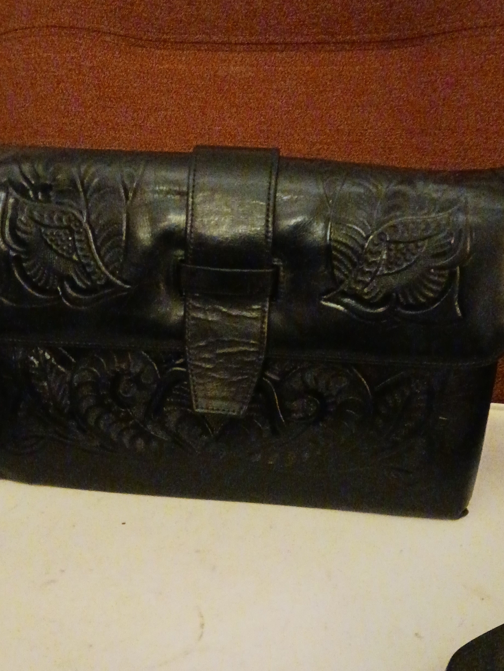 Vintage Shoulder Black Embossed Tooled Leather  Bag